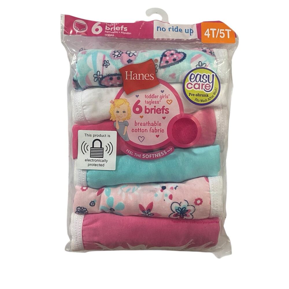 Hanes Tagless® Toddler Girls 100% Cotton Briefs Size 4T/5T 6-Pack Hearts Flowers